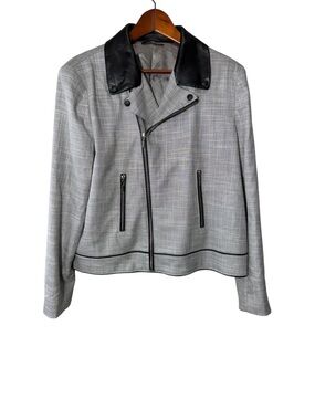 Tahari Cropped Moto Blazer Jacket Gray Black Faux Leather Collar Zip XL